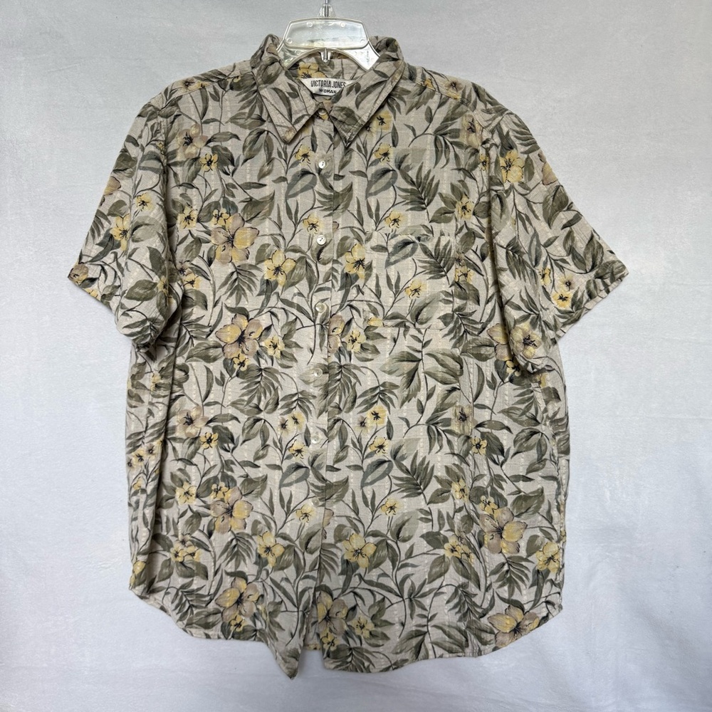 VTG Victoria Jones 2X Blouse Linen Blend Button Down Short Sleeve Floral Hawaian